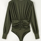 Moss Green Ruched Wrap V Neck Long Sleeve Bodysuit