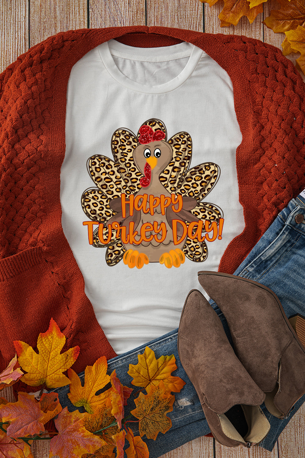 White Happy Turkey Day Leopard Print Crew Neck Loose T Shirt