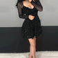 Glitter Sheer Mesh See Through Contrast Lace Long Sleeve Mini Dress Deep V Neck A Line Dresses