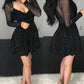 Glitter Sheer Mesh See Through Contrast Lace Long Sleeve Mini Dress Deep V Neck A Line Dresses