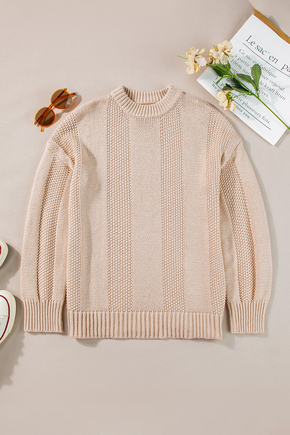 Pale Khaki Solid Color Cable Knit Ribbed Loose Sweater