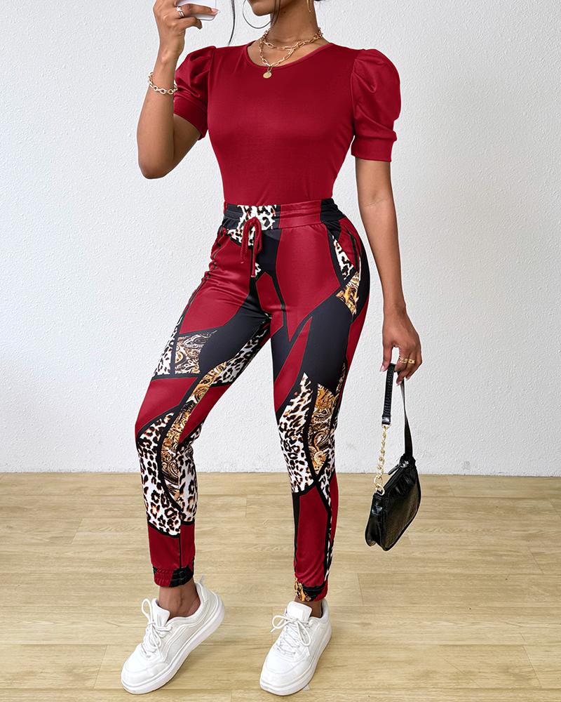 Puff Sleeve Top & Baroque Leopard Print Pants Set