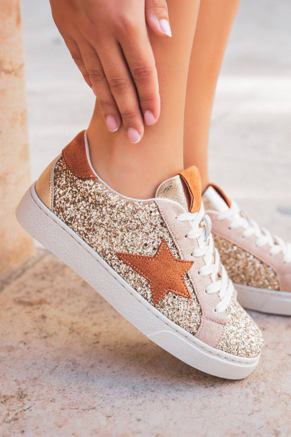 Gold Star Patchwork Sequined Lace-up Sneakers