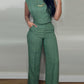 2 Pieces Round Neck Cap Sleeve Crop Top and Casual Pocket Design Straight Pants Set