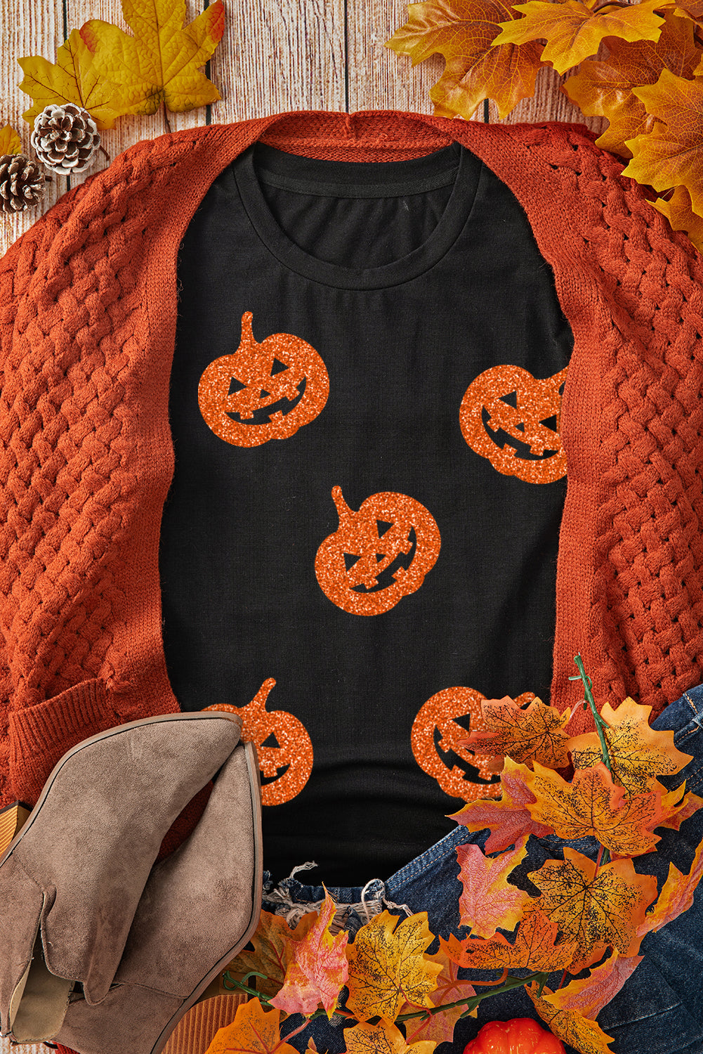 Black Glittering Pumpkin Face Graphic Crewneck Halloween T Shirt