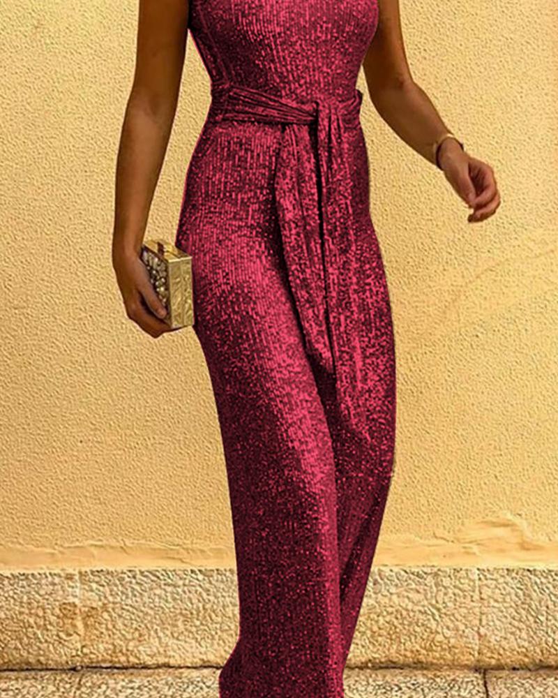 Glitter Round Neck Sleeveless Backless Sequins Jumpsuit