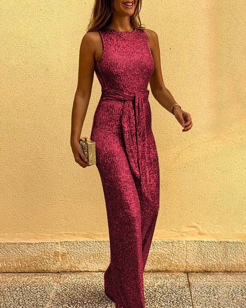 Glitter Round Neck Sleeveless Backless Sequins Jumpsuit