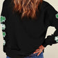 Black Sequin Clover Patched Drop Shoulder Sweatshirt