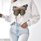 Butterfly Pattern Fleece Lined Sweatshirt Long Sleeve Crewneck Casual Loose Vintage Pullover Tops