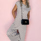 Khaki Checkered Print Buttoned Crew Neck Wide Leg Jumpsuit