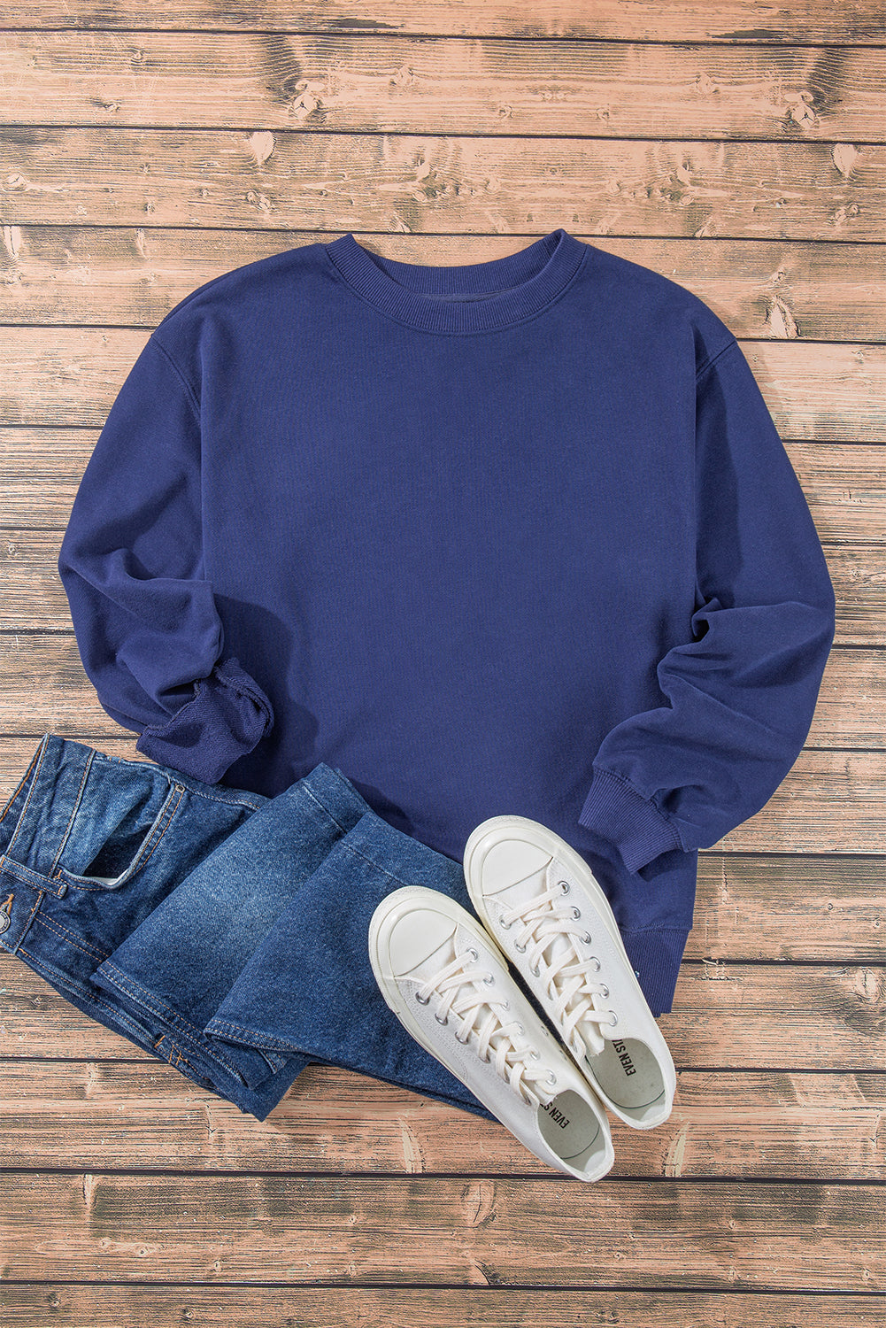 Navy Blue Plain Drop Shoulder Crewneck Pullover Sweatshirt