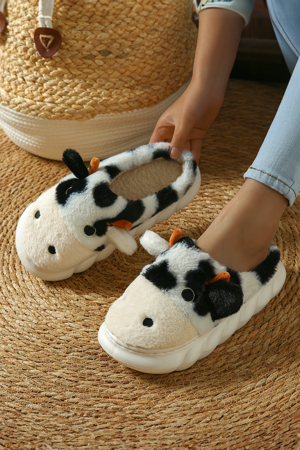 White Cute Cow Thick Sole Plush Thermal Home Slippers