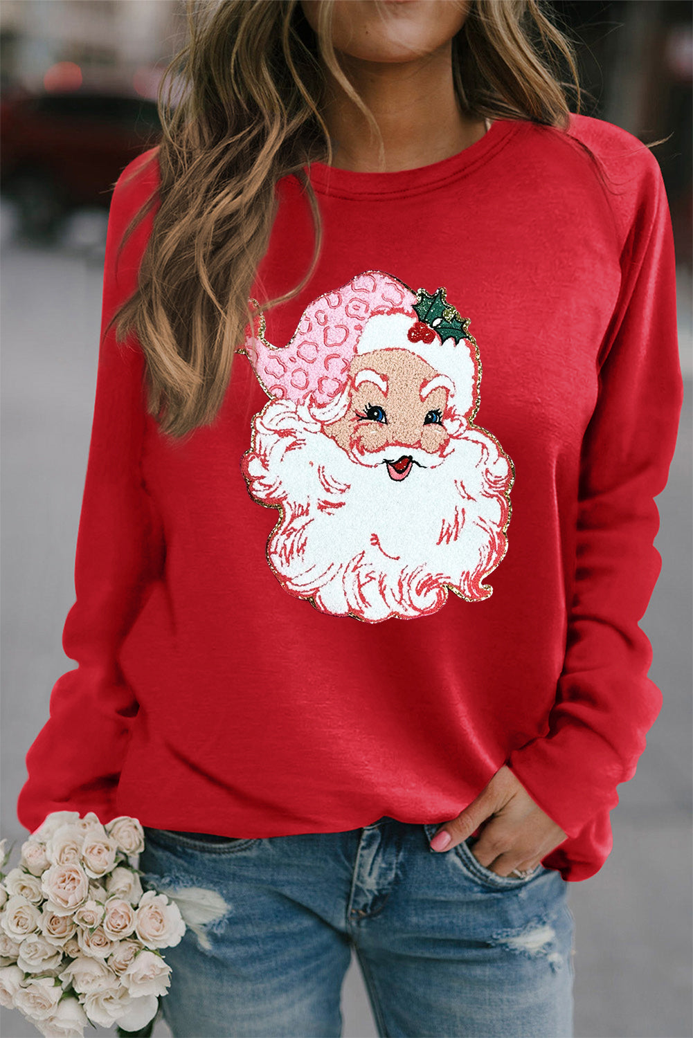 Red Santa Claus Graphic Crewneck Raglan Sleeve Christmas Sweatshirt