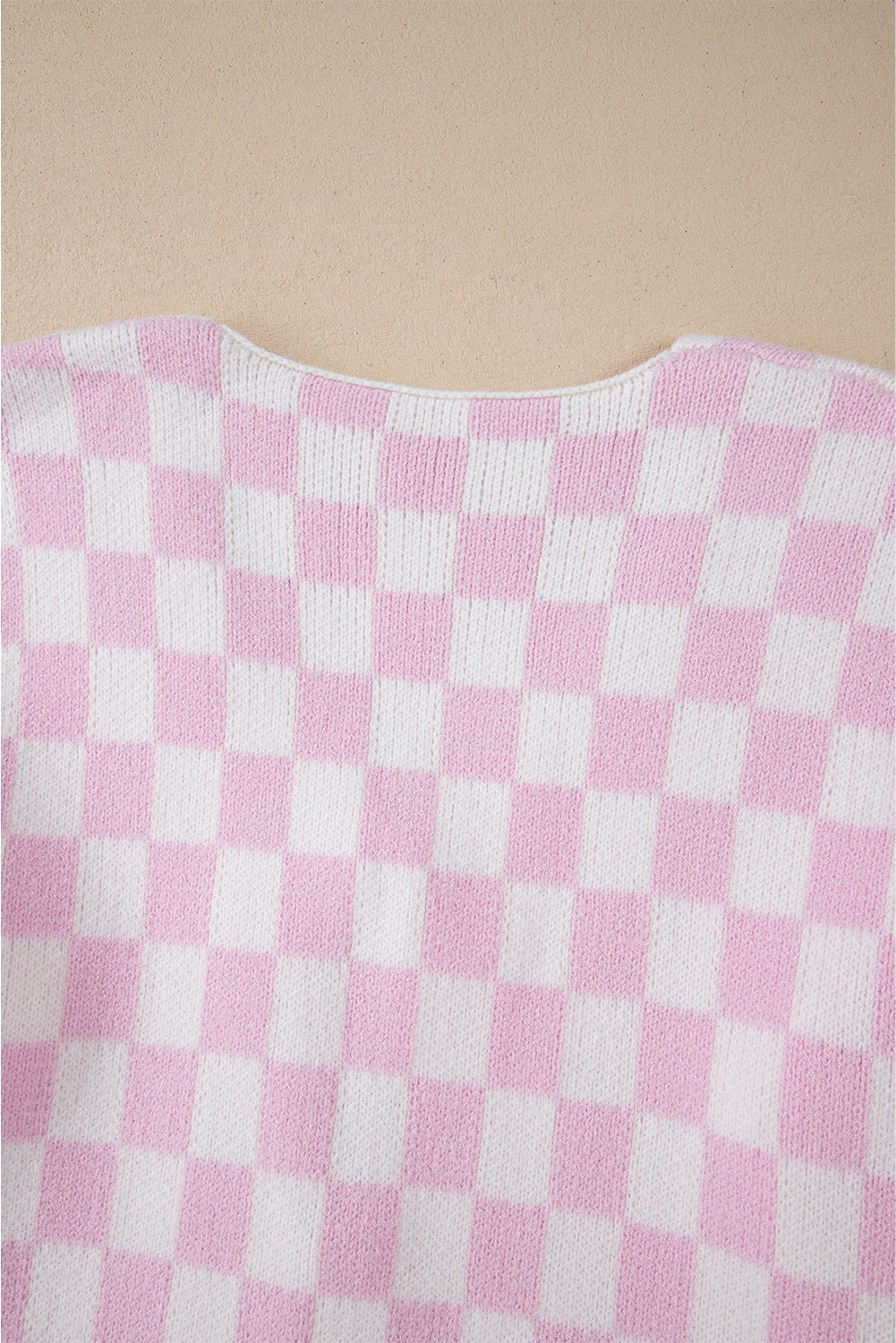 Light Pink Checkered Knitted Lace-up Ruffled 3/4 Sleeve Cardigan