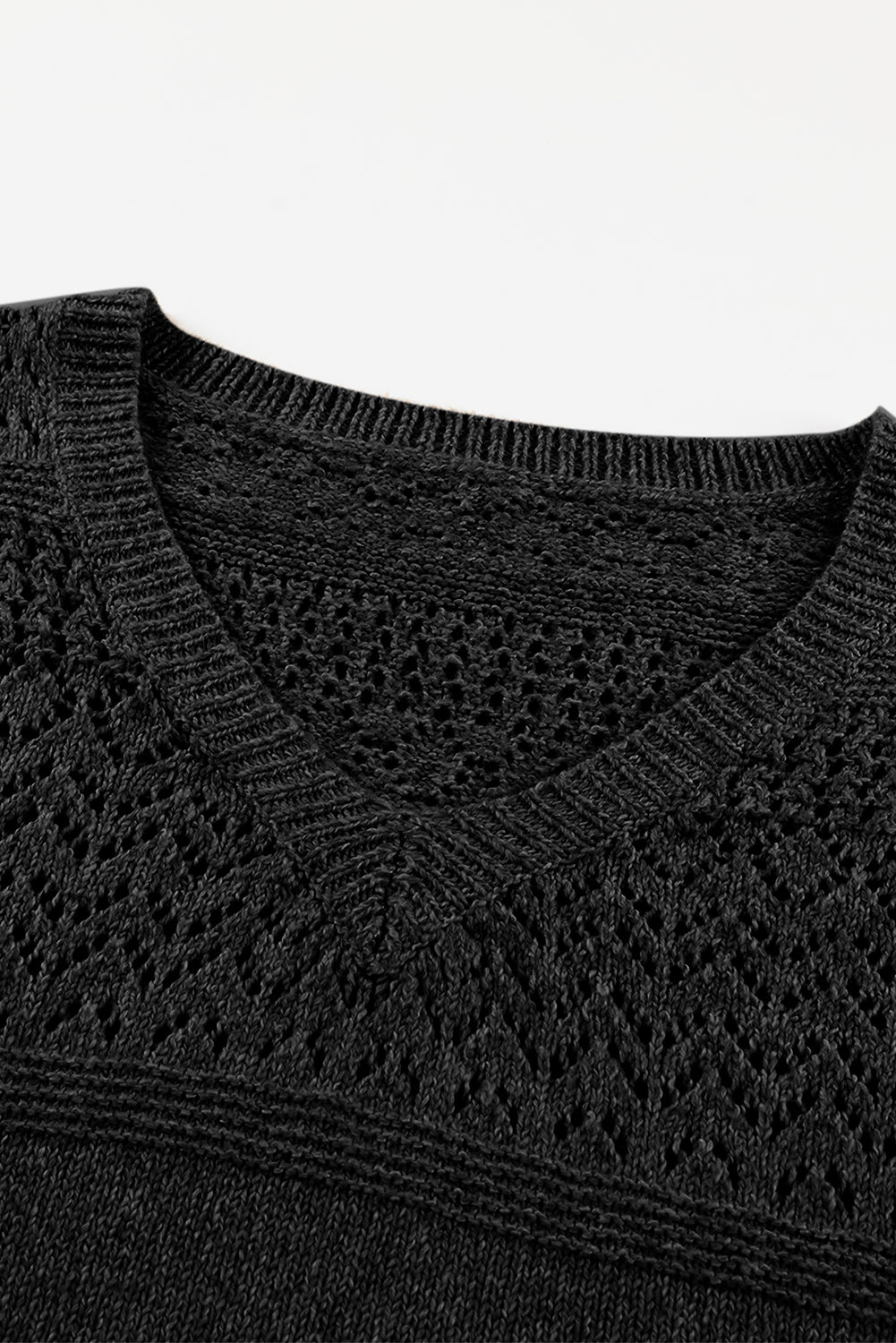 Black Eyelet Pattern Detail V Neck Drop Shoulder Sweater