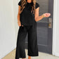 Color black Textured Knit Cap Sleeve T Shirt and Wide Leg Pants Set