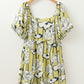 Green Plus Size Floral Print Shirred Square Neck Puff Sleeve Dress