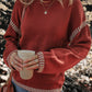 Red Dahlia Color Contrast Trim Drop Shoulder Crew Neck Sweater