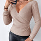 V Neck Ruched Side Button Decor Knit Sweater Slim Fit Pullover Top