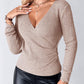 V Neck Ruched Side Button Decor Knit Sweater Slim Fit Pullover Top