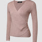 V Neck Ruched Side Button Decor Knit Sweater Slim Fit Pullover Top