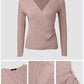 V Neck Ruched Side Button Decor Knit Sweater Slim Fit Pullover Top