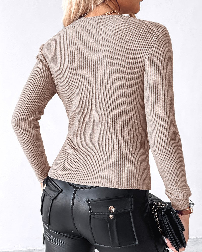 V Neck Ruched Side Button Decor Knit Sweater Slim Fit Pullover Top