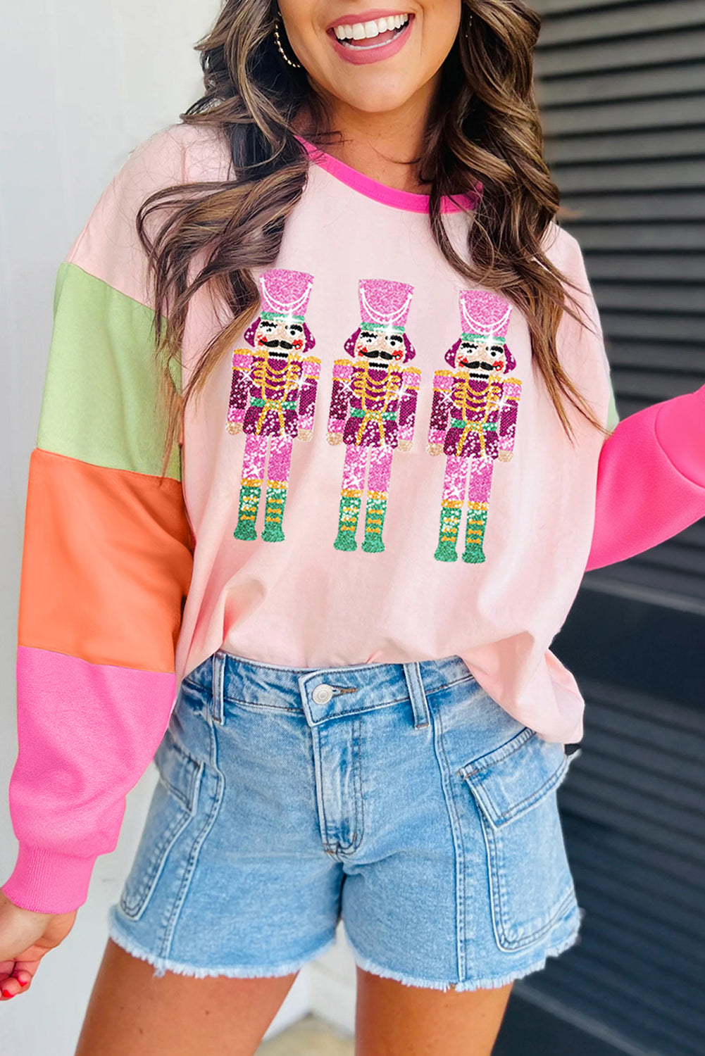 Pink Christmas Sequin Nutcracker Graphic Colorblock Long Sleeve Top