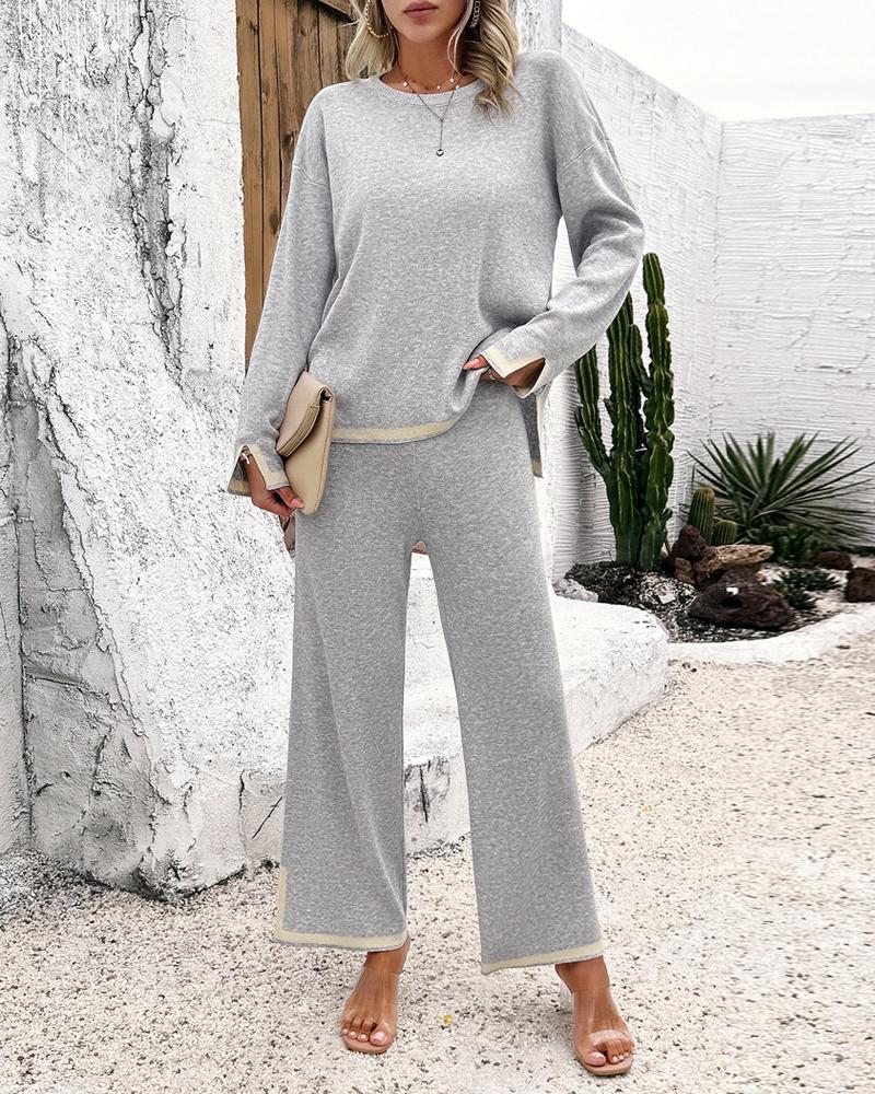 2PCS Round Neck Long Sleeve Slit Top & Straight Leg Pants Set