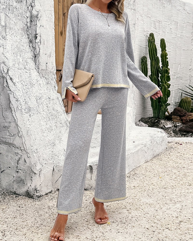 2PCS Round Neck Long Sleeve Slit Top & Straight Leg Pants Set