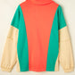 Grapefruit Orange Color Block Patchwork Collared V Neck Loose Top