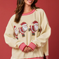 Beige Santa Skiing Graphic Striped Trim Corded Sweatshirt