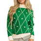 Dark Green Diamond Pattern Pom Accents Contrast Trim High Neck Sweater