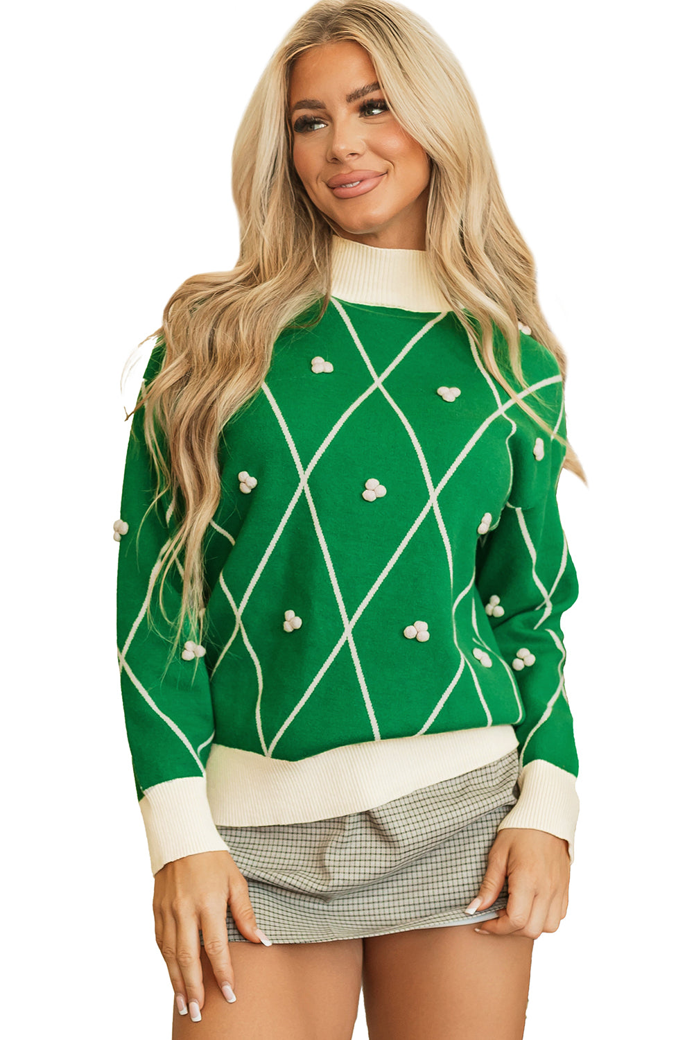 Dark Green Diamond Pattern Pom Accents Contrast Trim High Neck Sweater