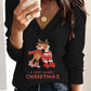 A Very Merry Christmas Cartoon Reindeer Print V Neck Long Sleeve Contrast Lace Top