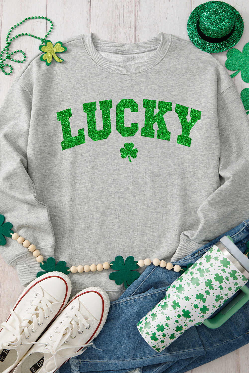 Gray Glitter LUCKY Clover Printed St Patricks Drop Shoulder Sweatshirt