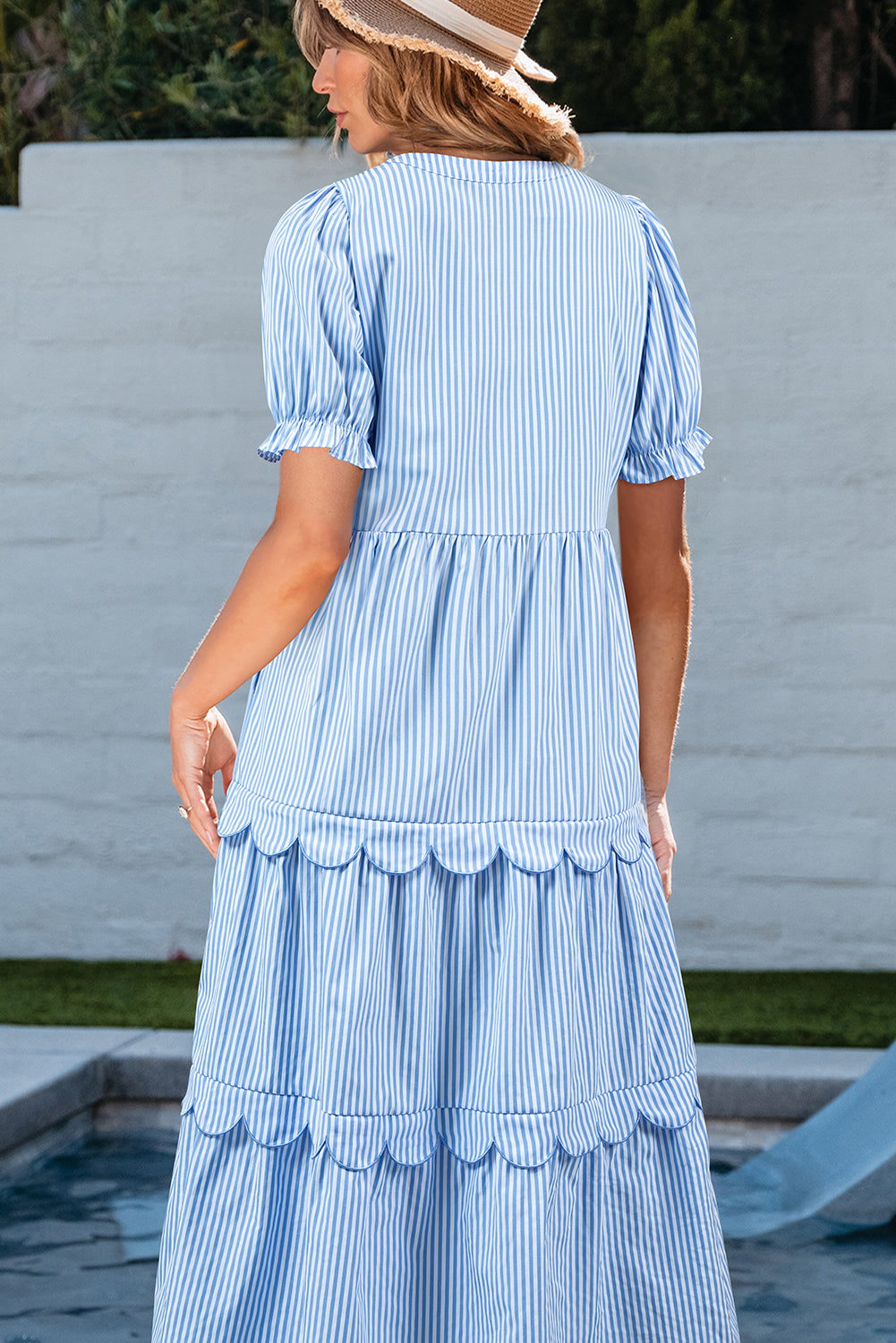 Sky Blue Stripe Bubble Short Sleeve Tiered Scallop Long Dress