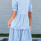 Sky Blue Stripe Bubble Short Sleeve Tiered Scallop Long Dress