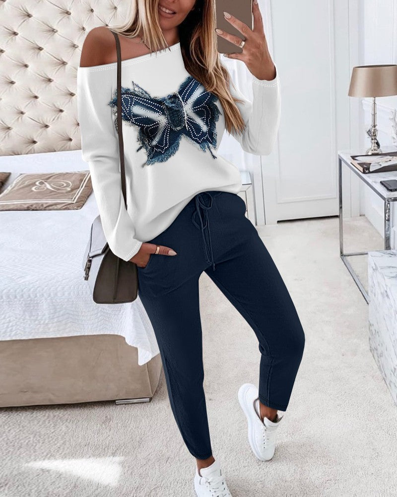 2 Piece Denim Butterfly Patch Skew Neck Long Sleeve Top Drawstring Waist Pants Tracksuit Streetwear