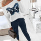 2 Piece Denim Butterfly Patch Skew Neck Long Sleeve Top Drawstring Waist Pants Tracksuit Streetwear