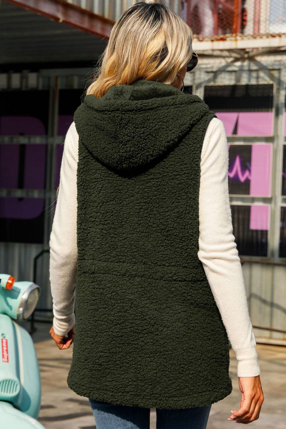 Moss Green Quilted Side Pockets Stand Neck Hooded Plush Tunic Vest