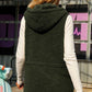 Moss Green Quilted Side Pockets Stand Neck Hooded Plush Tunic Vest