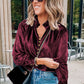 Burgundy Frilled Neck Buttoned Front Velvet Top