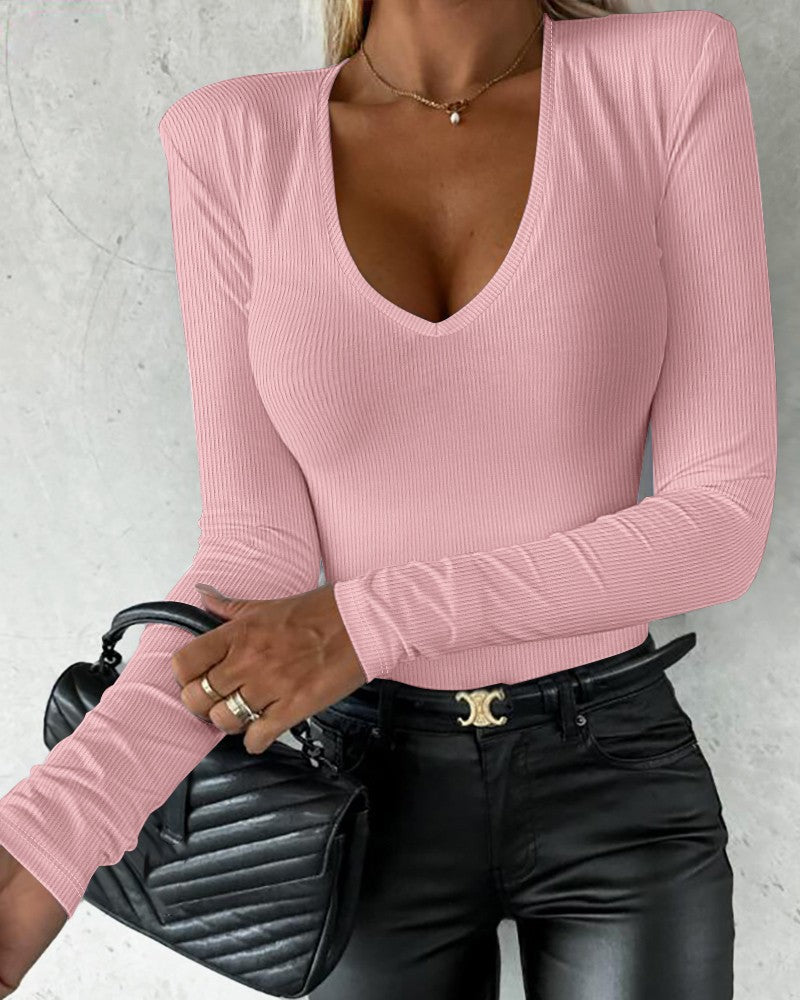 V Neck Long Sleeve Casual Top