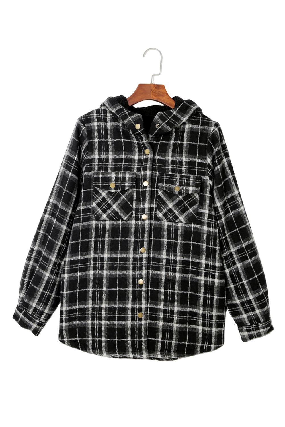 Black Plaid Pattern Sherpa Lined Hooded Shacket