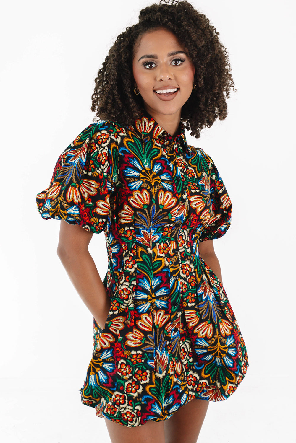 Multicolour Floral Puff Short Sleeve Shirt Mini Dress