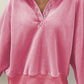 Pink Solid Snap Buttons Collared Balloon Sleeve Oversized Sweatshirt