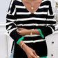 Striped V Neck Long Sleeve Side Slit Knit Sweater