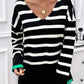 Striped V Neck Long Sleeve Side Slit Knit Sweater