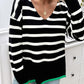 Striped V Neck Long Sleeve Side Slit Knit Sweater